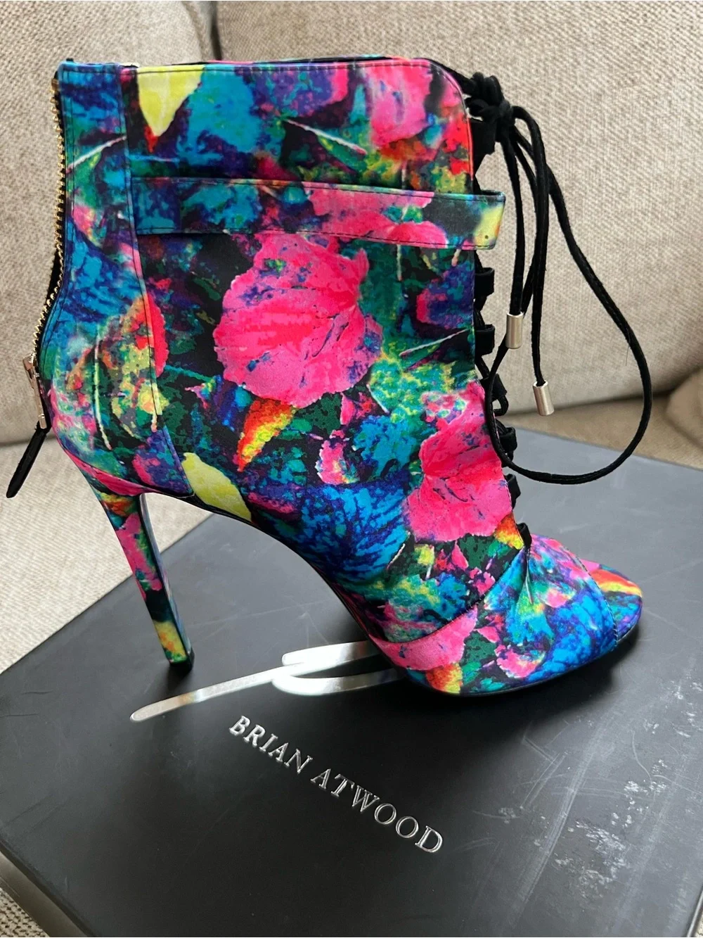 Brian Atwood Multicolor Floral Lace-Up Peep-Toe Stiletto Bootie